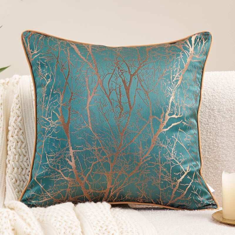 Avigers 18 x 18 Inch Square Teal Green Brown Gold Tree Branch Embroidery Cushion Case Luxury Modern Throw Pillow Cover Decorative Pillow for Couch Living Room Bedroom Car - Image 1